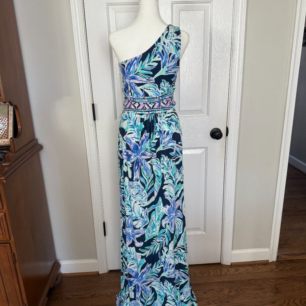 Lilly Pulitzer Malia One-Shoulder Dress Small in High Tide Navy Ready Set Gecko - Picture 2 of 8
